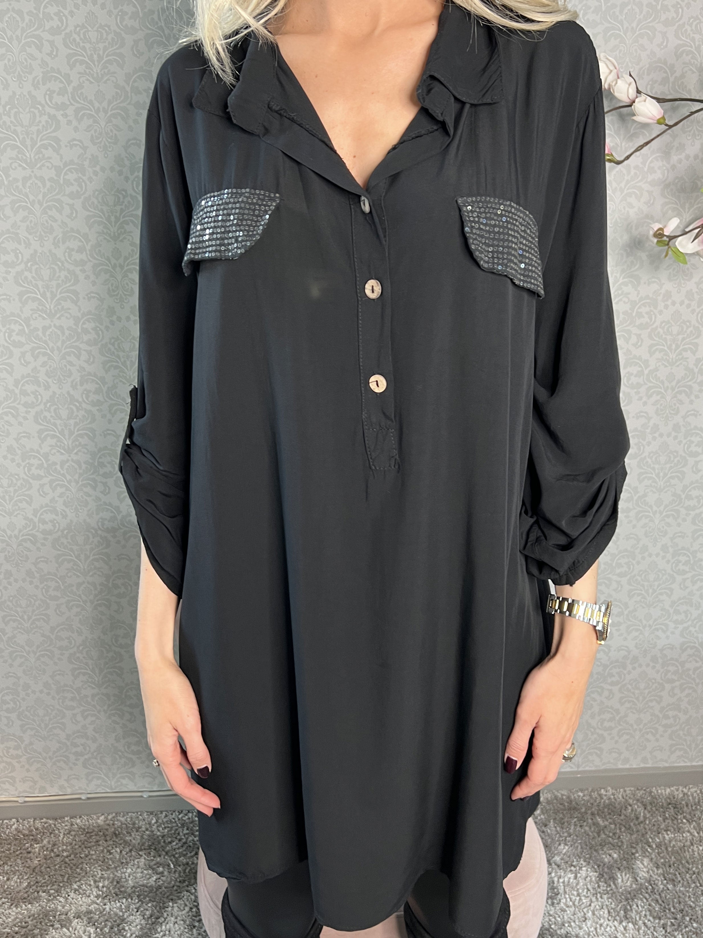 Marcelina - Fin skjorta med paljettfickor